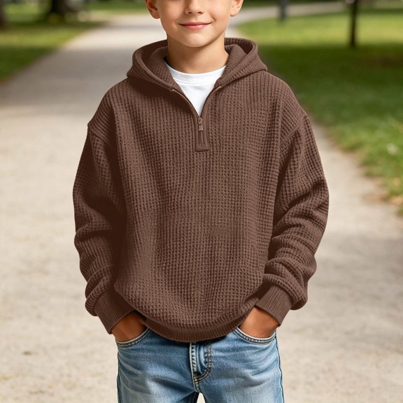 LEKWK Hoodies for Boys Quarter Zip Casual Pullovers Classic Waffle Knit Sweatshirts Winter Long Sleeve Hooded Pullover Fall School Travel Tops