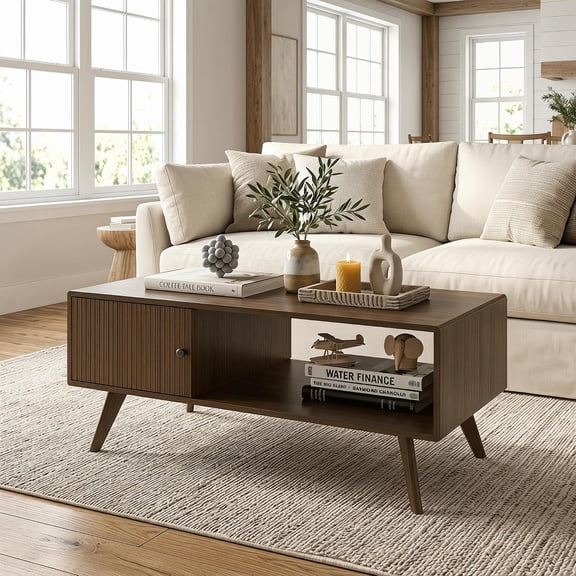 Modern Wood Coffee Table with Storage Cabinet, Mid Century Living Room Table with Open Shelf, Walnut Finish