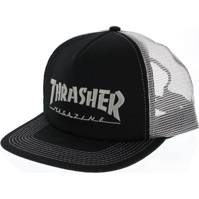 Gorra negra y plateada de malla ajustable con logo bordado de Thrasher