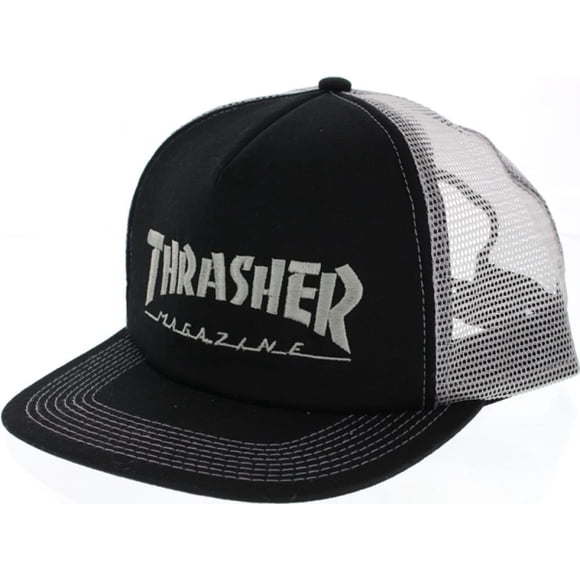 Gorra negra y plateada de malla ajustable con logo bordado de Thrasher