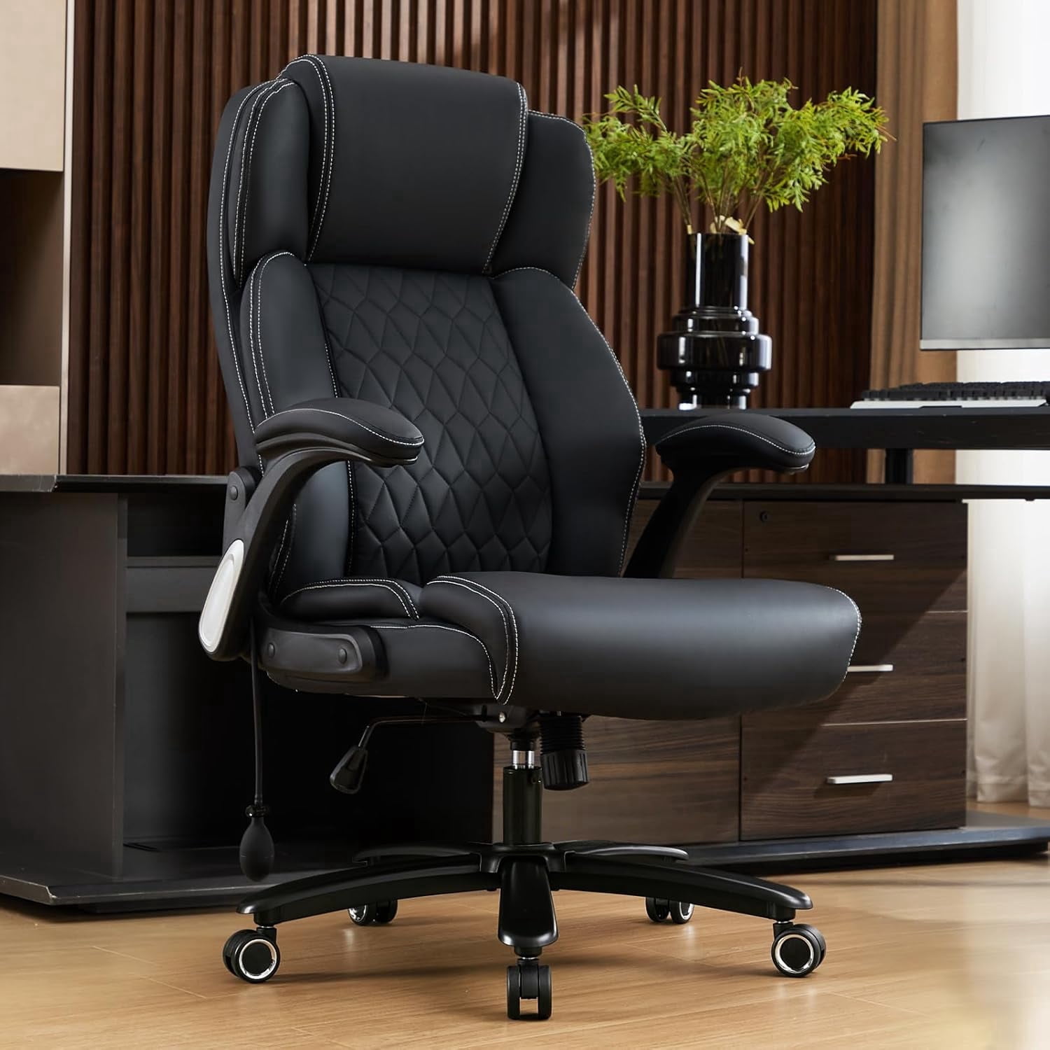 NYOAK 700lbs Big and Tall Office Chair, Heavy Duty Ergonomic Chair, Extra Wide Seat, Quiet Rubber Wheels, High Back with Lumbar Support, Flip-Up Arms
