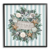Stupell Industries Striped Joy Seashell Wreath Graphic Art Black Framed Art Print Wall Art, Design by Elizabeth Tyndall
