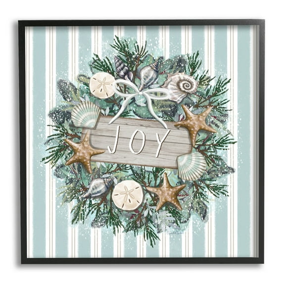 Stupell Industries Striped Joy Seashell Wreath Graphic Art Black Framed Art Print Wall Art, Design by Elizabeth Tyndall
