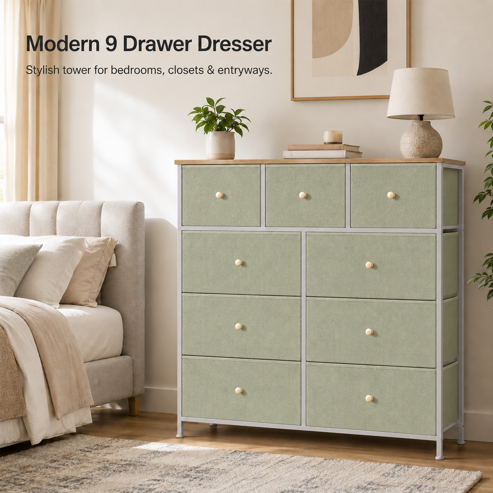 Alvantor 8/9 Drawer Fabric Dresser, Storage Tower for Bedroom and Closet, Chest of Drawers with Sturdy Steel Frame & Wooden Top for Living Room, Entryway
