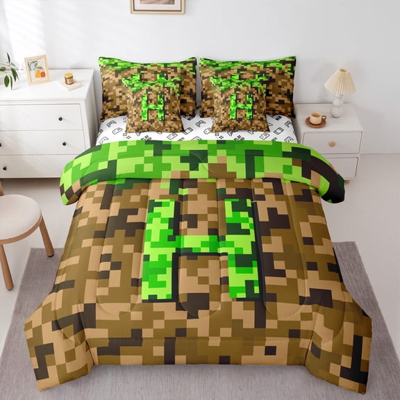 Manfei Kids Teens Personalized Initial Letter H 7-Piece Twin Bedding Sets,Brown Green Bedding Comforter Set,Construction Game Breathable Sheet Sets,Breathable Home Decor,Reversible