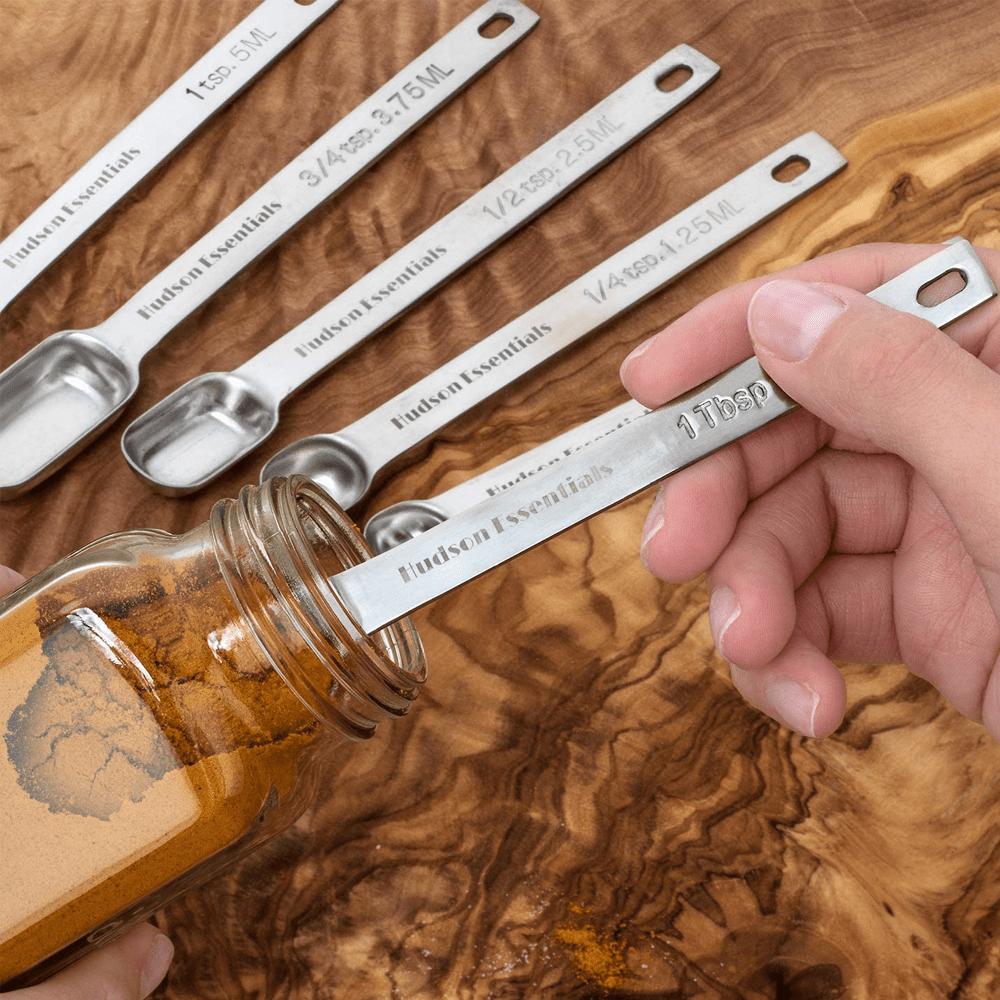 18/8 Stainless Steel Metal Measuring Spoons, Ergonomic Set of 6 for Dry and  Liquid Ingredients, Narrow Shape Easily Fits in Spice Jars