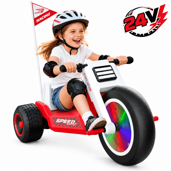 24V Kids Electric Tricycle, 3-Wheel Ride On Toy for Ages 3 , Adjustable Seat, LED Wheels, Wireless Music & Flag,Red