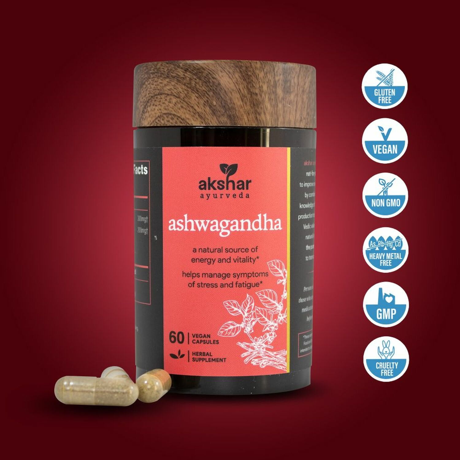 Ashwagandha Herbal Supplement - Stress, Fatigue, and Anxiety Support | Akshar Ayurveda All Natural 60 Vegan Capsules 500mg | Natural Adaptogen for Mind and Body