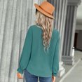 thumbnail image 3 of SWQZVT Women Tops Long Sleeve Button Decoration Solid Color Blouses V-Neck Casual Trendy Ruffle Blue Shirt, 3 of 6