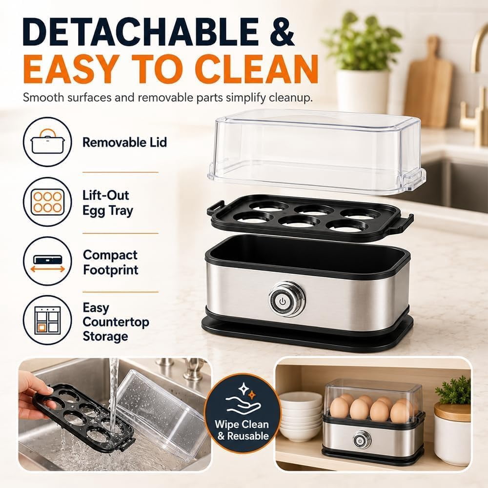 Multifunctional Egg Steamer with Clear Lid, Electric Egg Cooker for 6 Eggs with Auto Shutoff, 304 Stainless Steel Rapid Cooker with Dry-Burn Protection for Soft, Medium or Hard-Boiled Eggs (1PC)