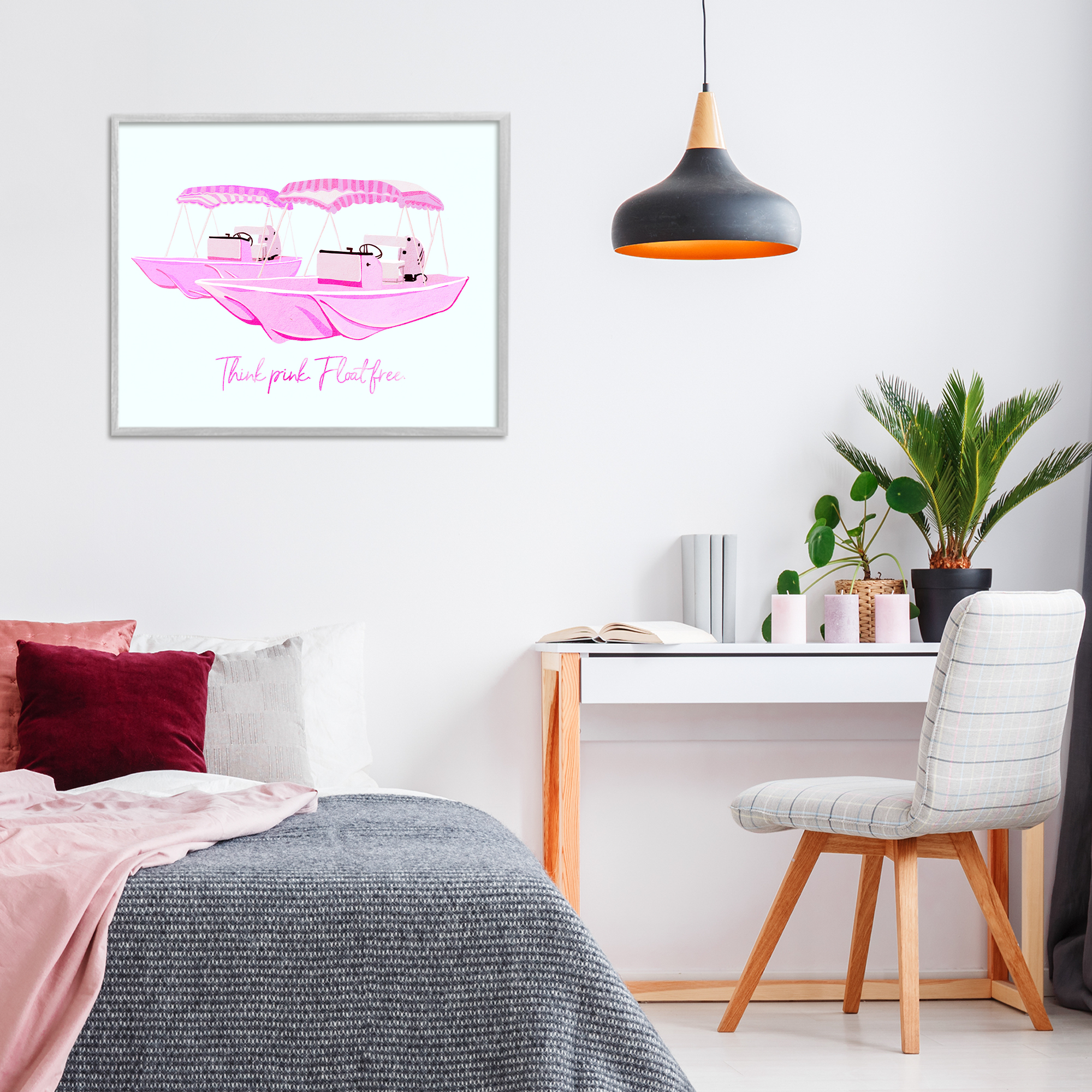 Think Pink Float Free Boats Gray Framed Giclee Art, design by Ziwei Li