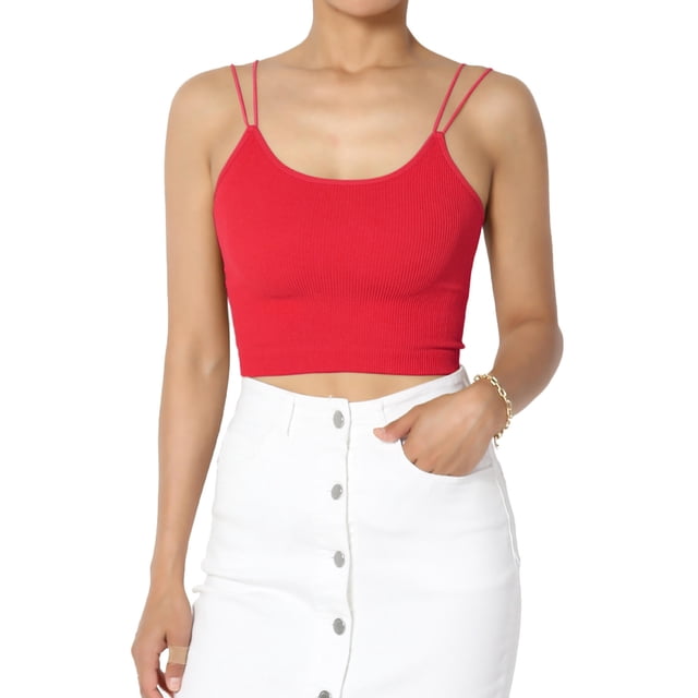 TheMogan Women's Solid Spaghetti Straps Ribbed Seamless Stretch Crop Cami Tank Top