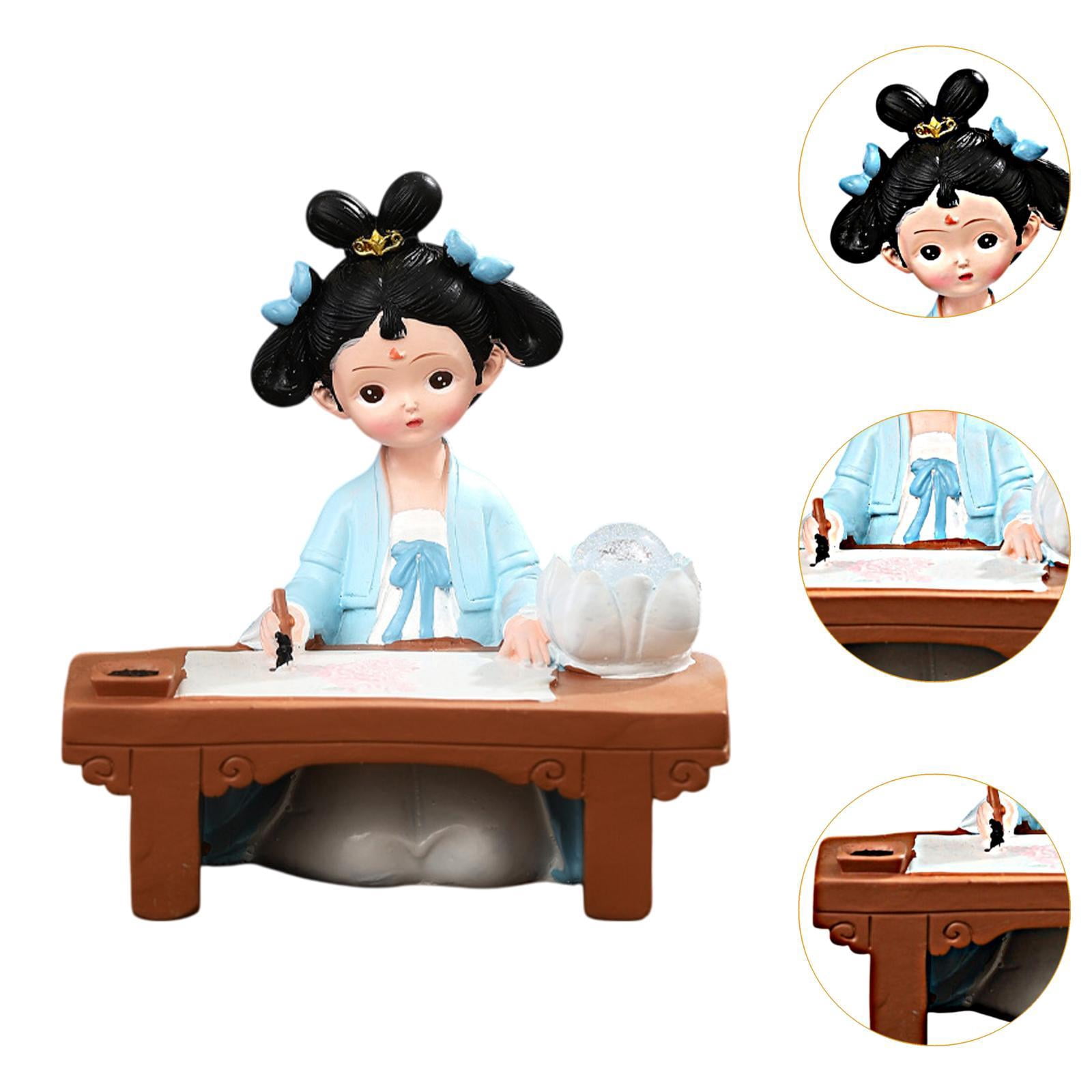 Esquirla Girl Resin Statue Figurine with Light Folk Ethnic Decoration,Miniature Traditional Chinese Ancient for Store Cabinet New Year Blue