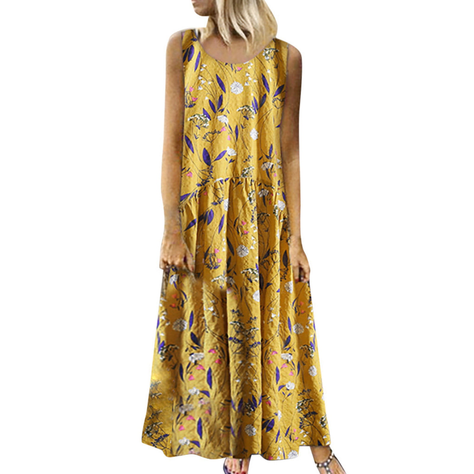 Women Plus Size Bohemian O-Neck Floral Print Vintage Sleeveless Long Dress DA