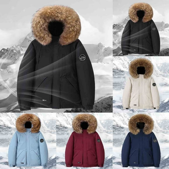 UVEASISHA Ski Coats for Men Faux Fur Trim Hooded Parka Jackets Winter Waterproof Insulated Padded Coat Thick Thermal Puffer Jacket with Pockets Navy S
