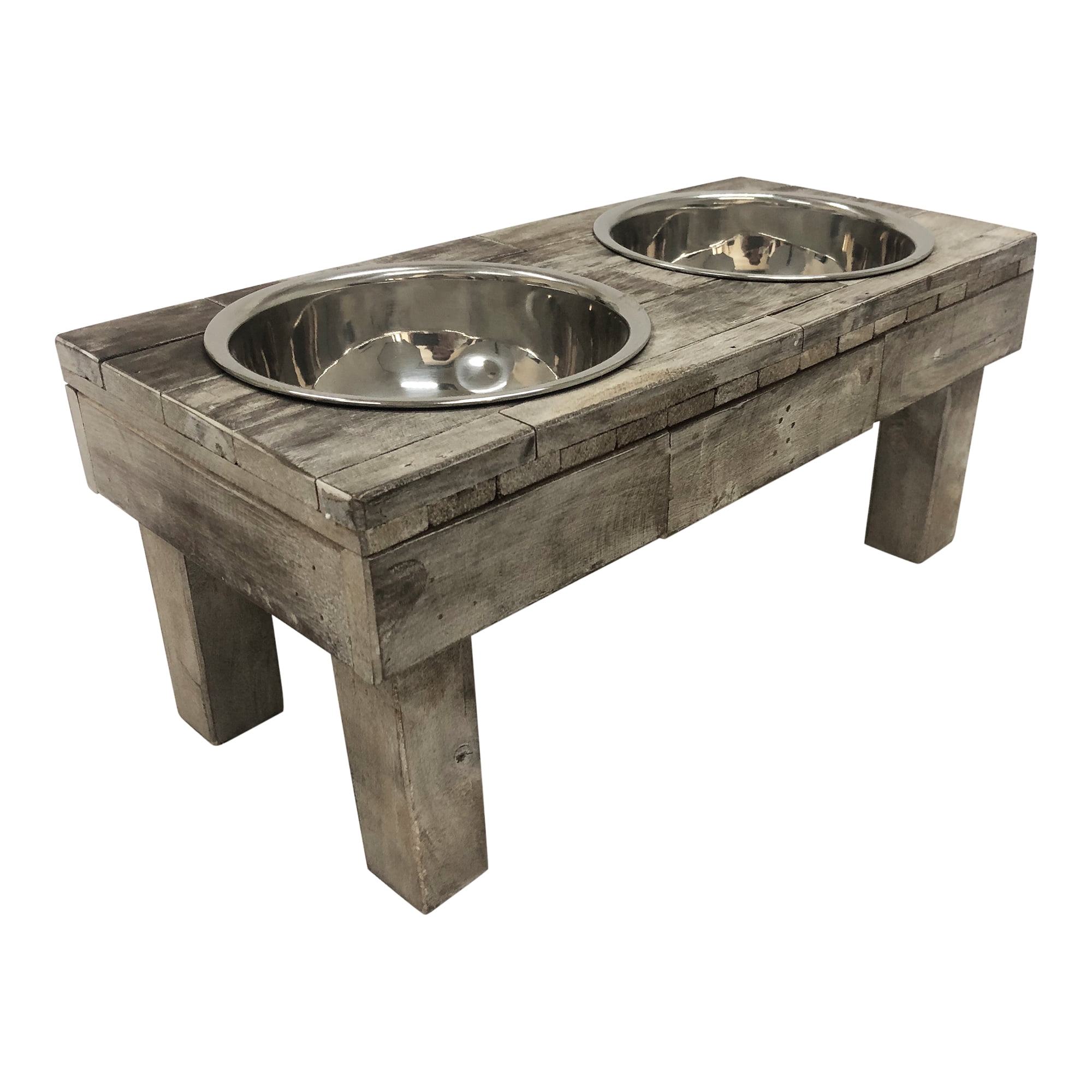 Huntley Pet Berjen Table Elevated Double Bowl Pet Feeder, Brown Wash (Small)