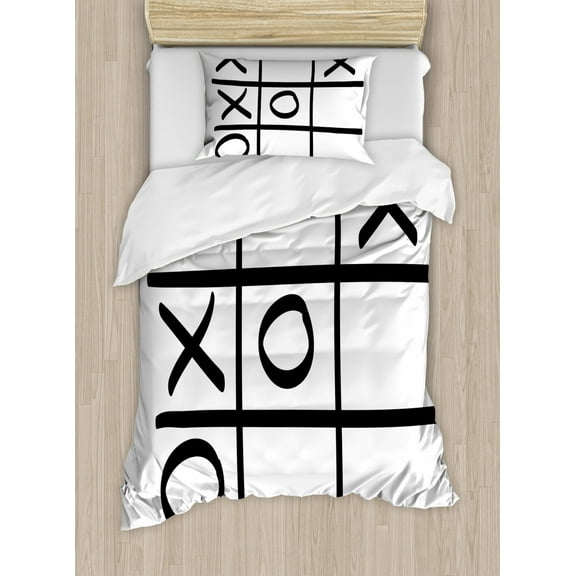 Xo Duvet Cover Set Twin Size, Tic Tac Toe Pattern Unfinished Game Hobby Theme Alphabet Minimalist Artful Image, Decorative 2 Piece Bedding Set with 1 Pillow Sham, Black and White, by Ambesonne