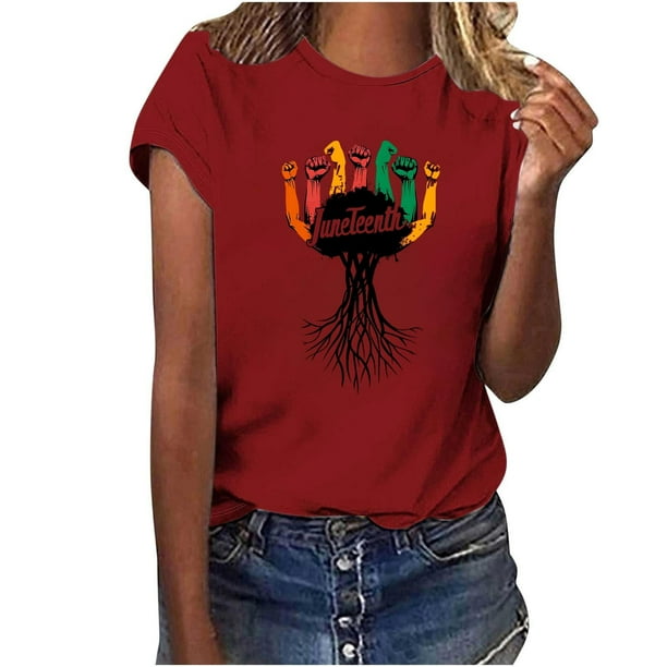 Tops de Manga Corta para las Mujeres de Ajuste Suelto, Día de la Independencia Negro Impreso, Cuello Redondo Suelto Superior
