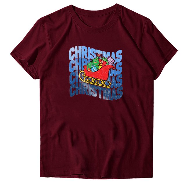 Gibobby Camisas de Navidad para mujer Camiseta de manga corta divertida con estampado navideño de color sólido informal para mujer Top(Vino,XG)