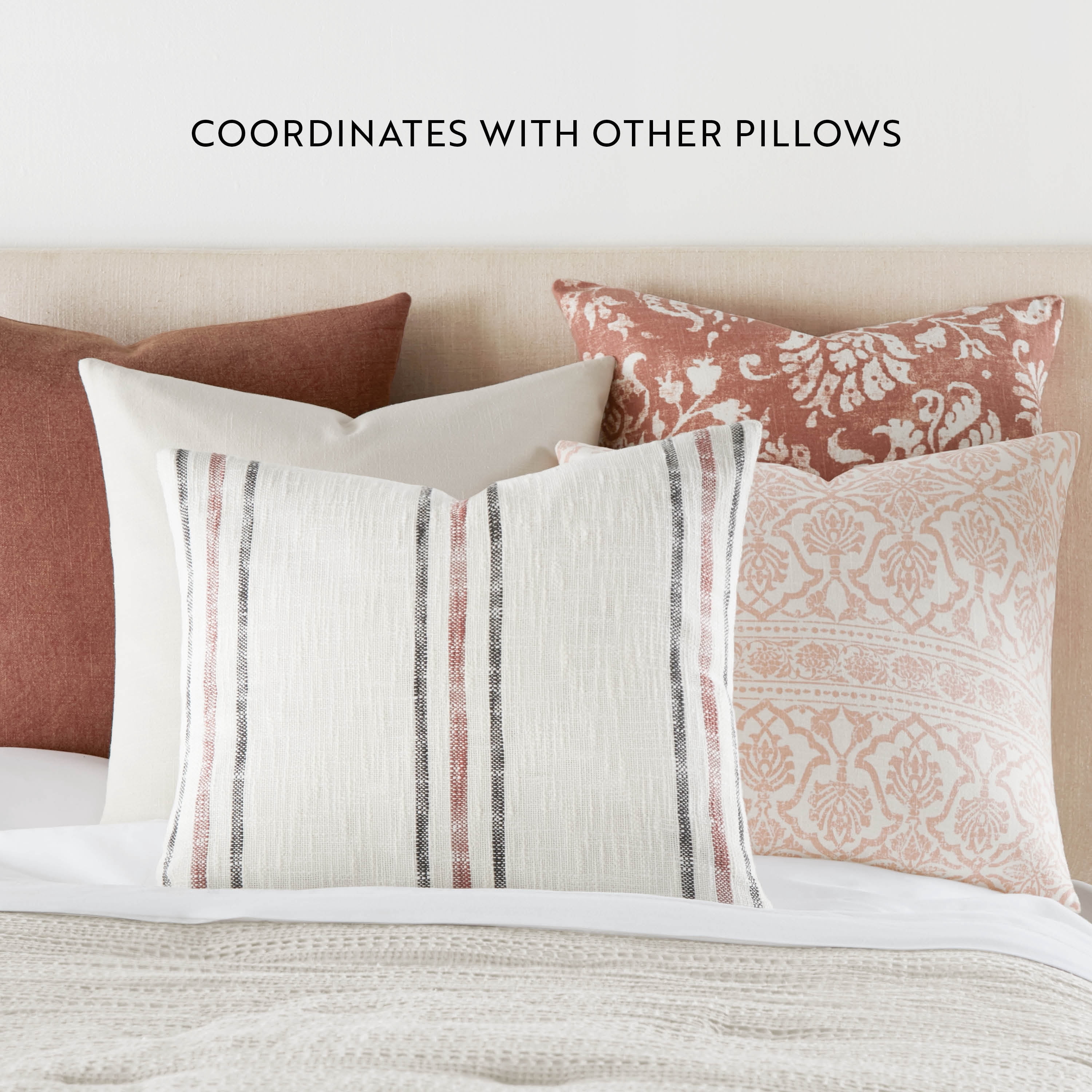 Noble Linens 2-Pack Decor Throw Pillows Floral Terracotta and Yarn-Dyed Framed Stripe