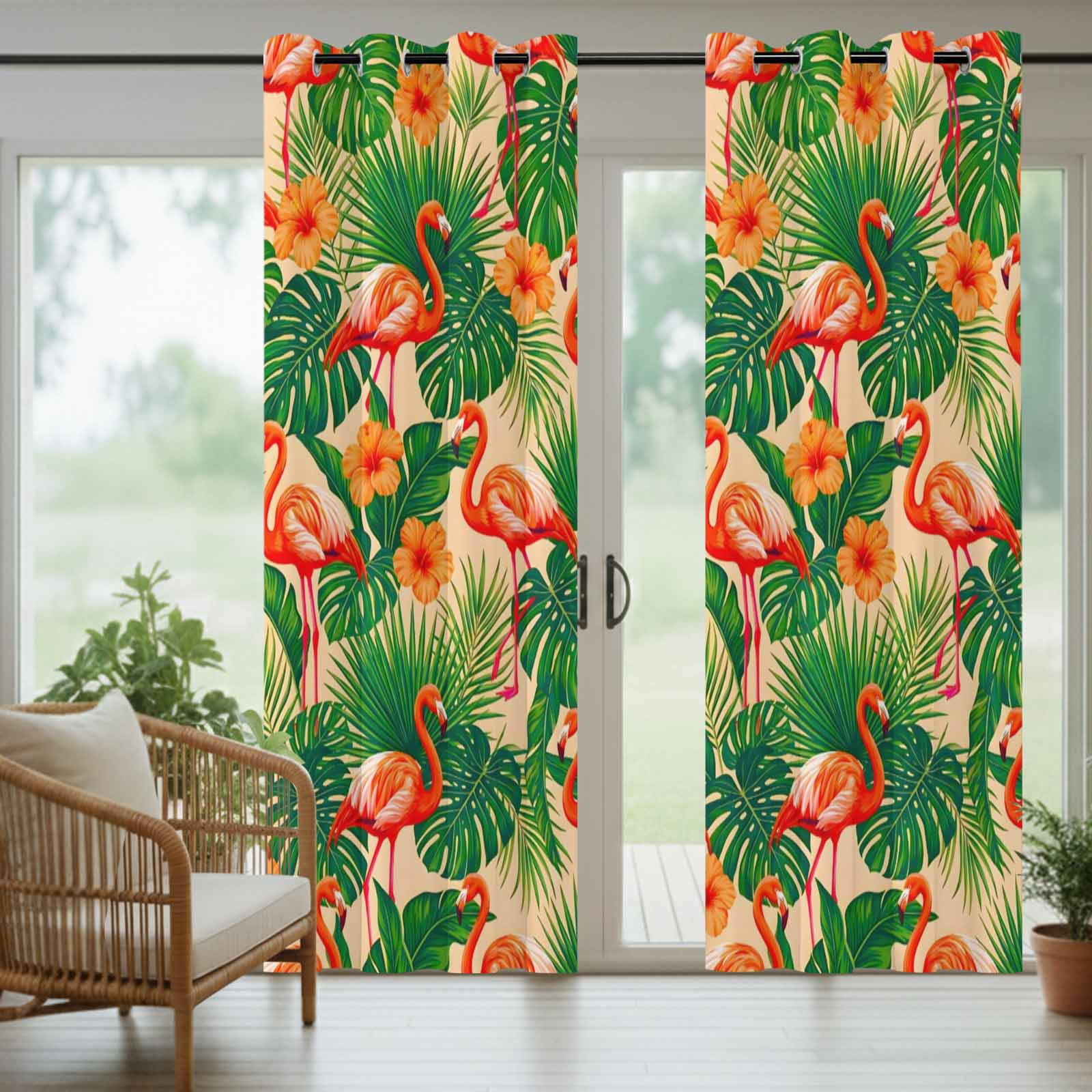Red Flamingos Outdoor Curtains for Patio, Jungle Plants Hibiscus Flower Green Leaf Botanical Sunshade Privacy Drapes Grommet Waterproof Outside Curtains for Porch/Cabana/Balcony 54"x 108", 1 Panel
