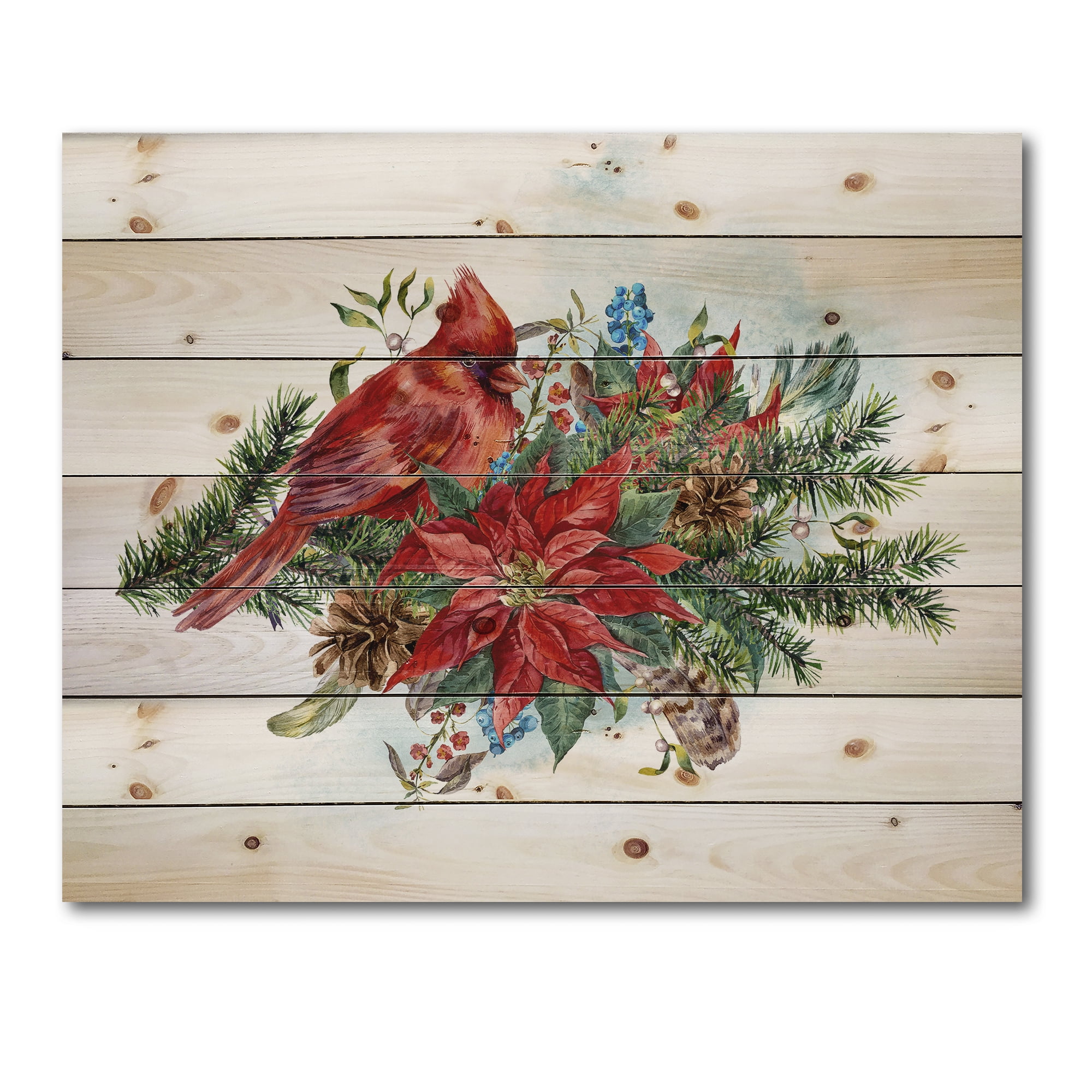 Designart 'Christmas Red Cardinal Bird and Poinsettia' Traditional Print on Natural Pine Wood