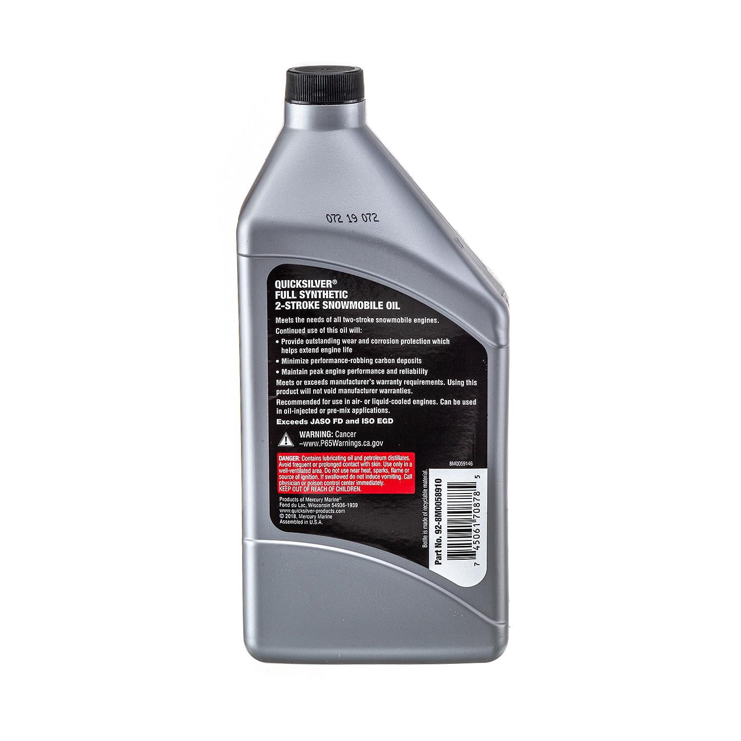 Quicksilver Full Synthetic Low Ash 2-Stroke Snowmobile Oil, 1 qt