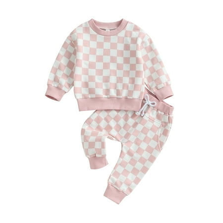 

Licupiee Toddler Girls Boys 2-piece Outfit Plaid Long Sleeve Crew Neck Hoodie and Sweatpants Checkerboard Clothes Set