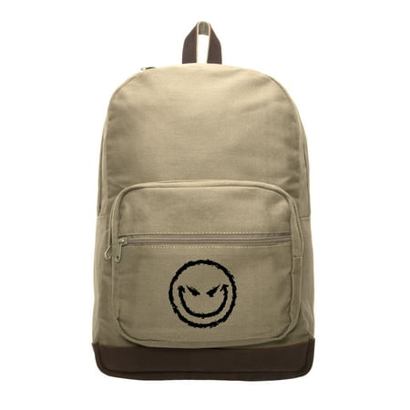 - Evil Smiley Face Canvas Teardrop Backpack with Leather Bottom Accents