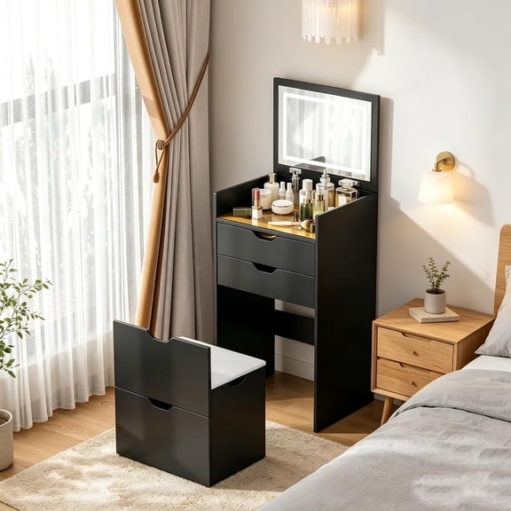 3-in-1 Vanity Table with Lighted Flip-Up Mirror, Makeup Desk with Storage Drawers and Hidden Stool, Convertible Dressing Table, Writing Desk and Nightstand for Bedroom, Apartment Small Spaces Black