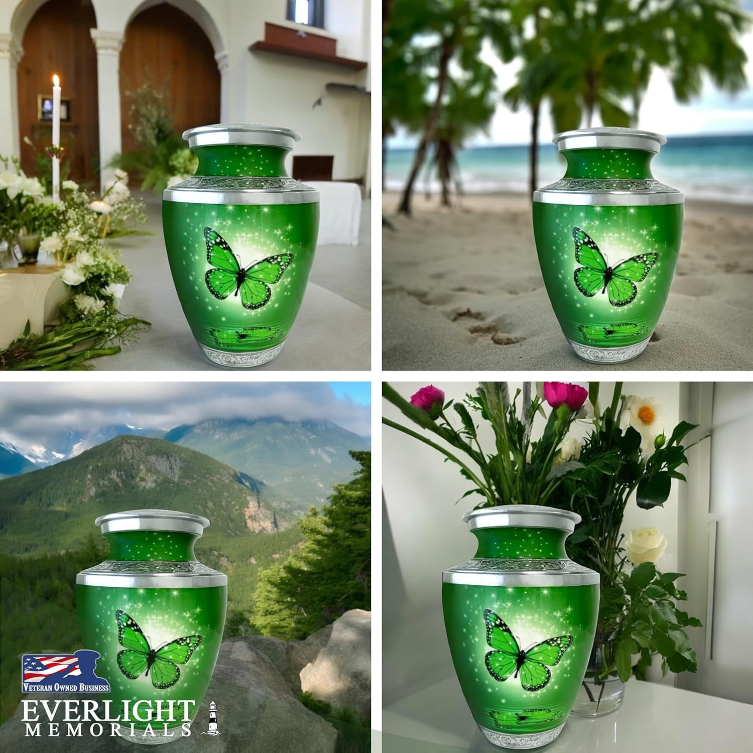 Everlight Memorials Green Butterfly Adult Large Cremation Urn for Human Ashes – With Velvet Bag