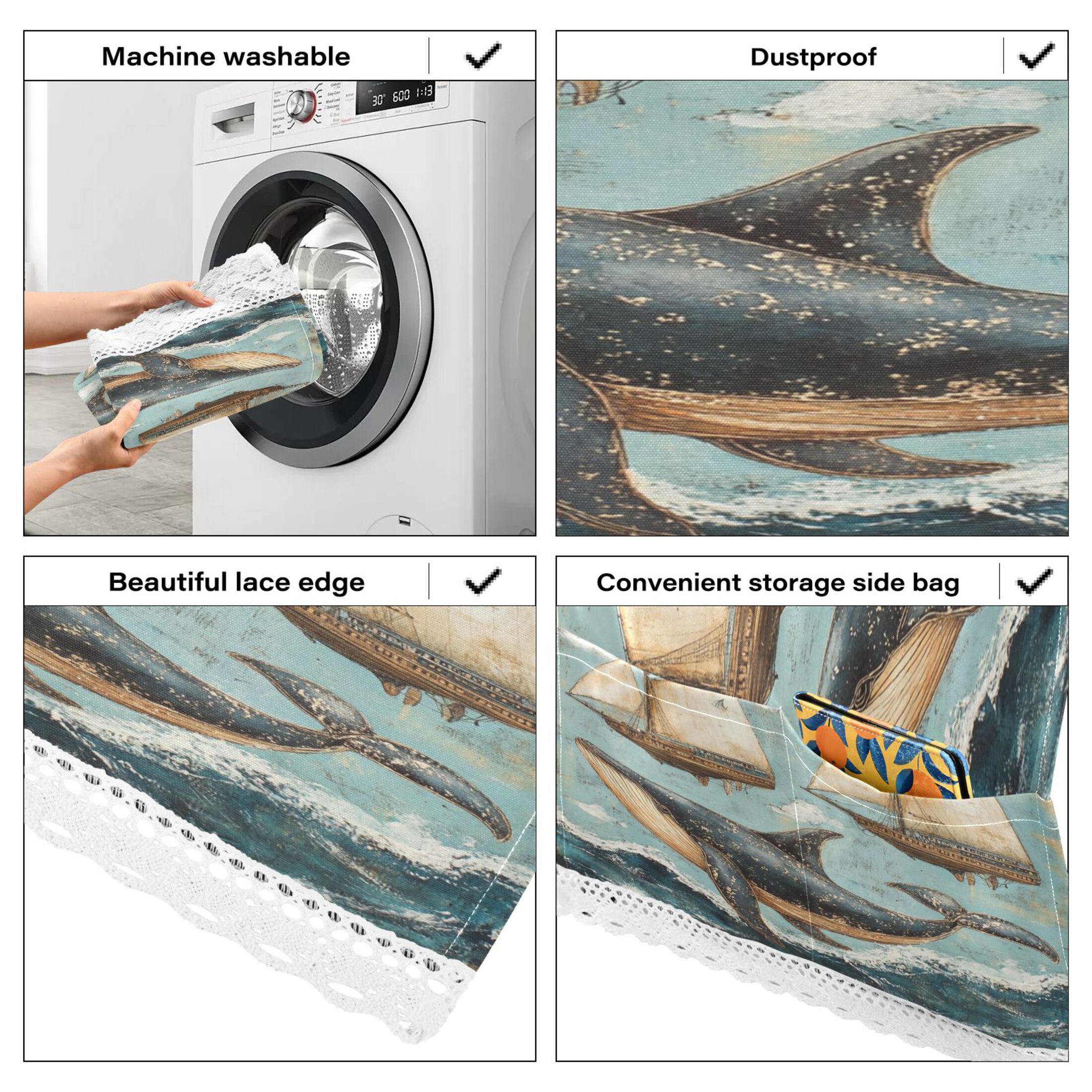 Whales Swim with SailboatsWasher and Dryer Covers Dust-Proof and Oil Resistant Fridge Cover with 4 Storage Pockets Washing Machine Top Cover for Laundry Kitchen Home 51.2 x 22 In