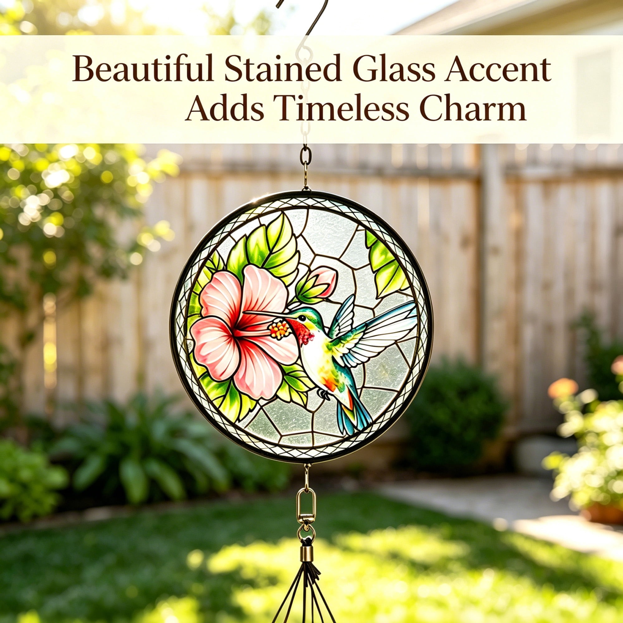 40 Inch Hummingbird Stained Glass Wind Chime, Tuned 0.75” Diameter Metal Tubes, Weather Resistant Outdoor Indoor Decor Wind Chime for Garden, Patio & Home Window