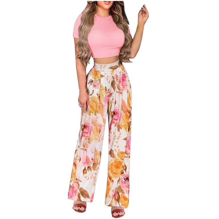 Summer Savings Clearance! Edvintorg Women's Two Piece Outfits Solid/Flower  Short Sleeve Pullover Crop Top And Long Pants Tracksuit Fashion Women