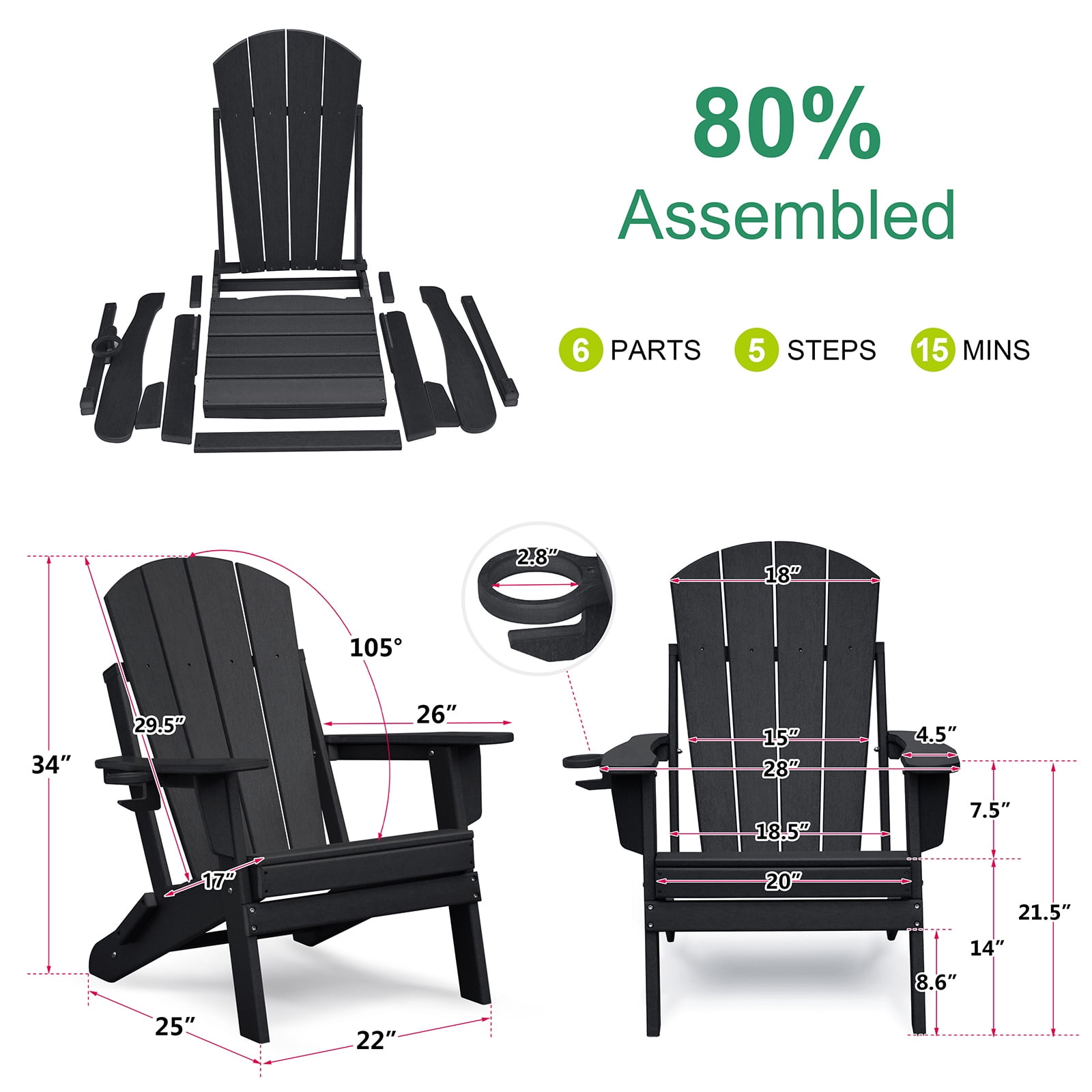 Dining Set Folding Outdoor Adirondack Chair Set of 2 and Table Set,All-weather Folding Fire Pit Chair, Ergonomic Design Patio Lawn Chair for Outside Deck Garden Backyardf Balcony, Black