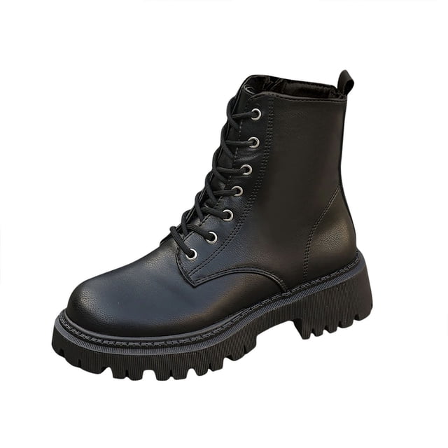 LOVZFMLL Bottes pour Femmes Bottes de Combat à la Cheville à Lacets Bout Rond Sangles Ajustables Talon Bas Épais Bottes Classiques d'Automne Hiver