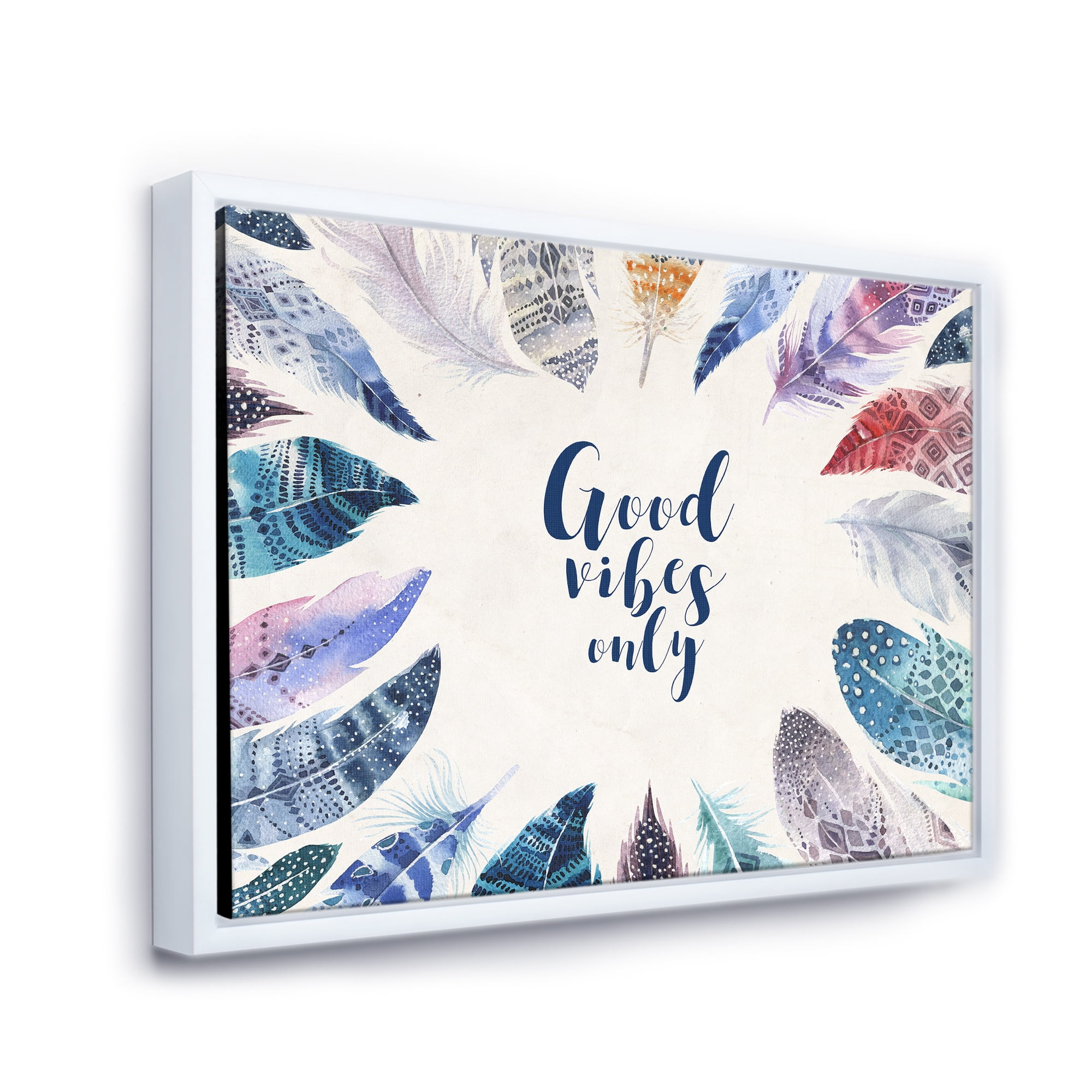 Good VIbes Only Under Vibrant Blue Feathers 20 in x 12 in Framed Painting Canvas Art Print, by Designart