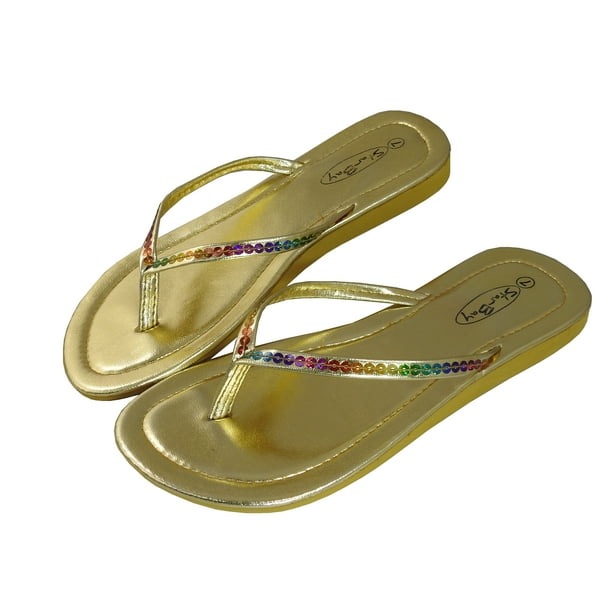 StarBay Women's Metallic Rainbow Sequin Strap Flat Thong Sandal Flip ...