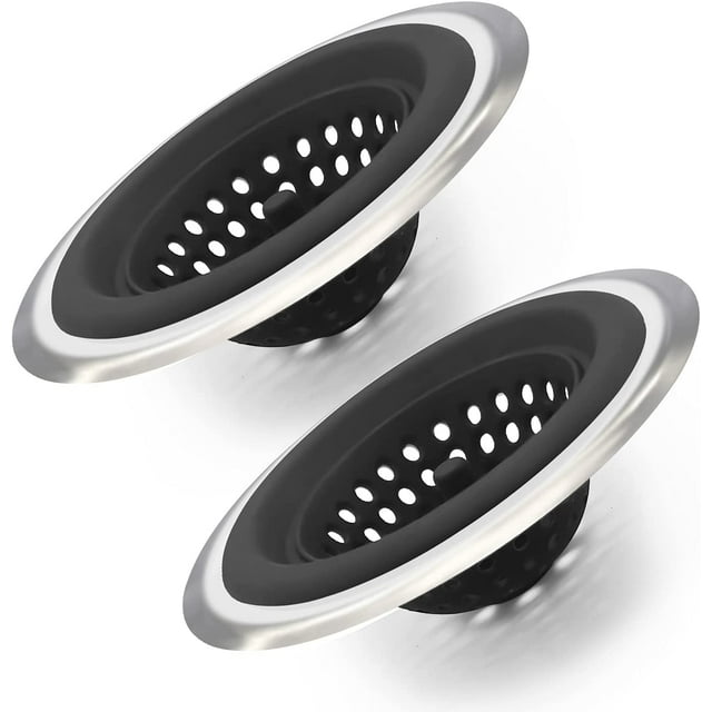 Juego de 2 coladores de silicona inoxidable para fregadero de cocina, escurridores de silicona flexibles para fregadero de cocina, borde ancho grande de 4,5 pulgadas de diámetro (negro)