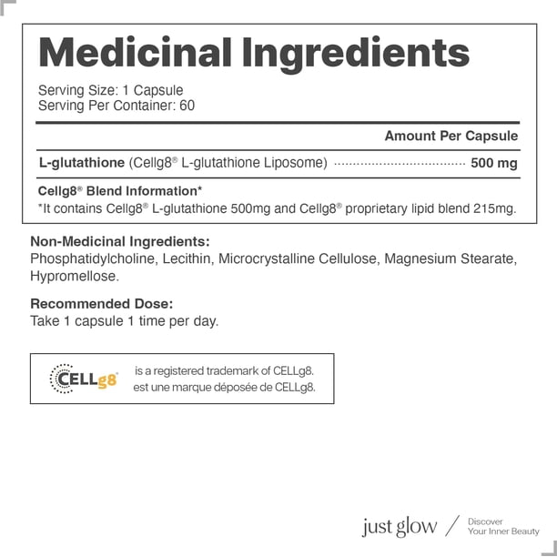 Just Glow CELLg8&reg; Glutati&oacute;n liposomal 500 mg 60 c&aacute;psulas  - Cl&iacute;nicamente estudiado y probado por terceros - Forma activa  reducida - Suplemento de L-gl | Bodega Aurrera en lnea