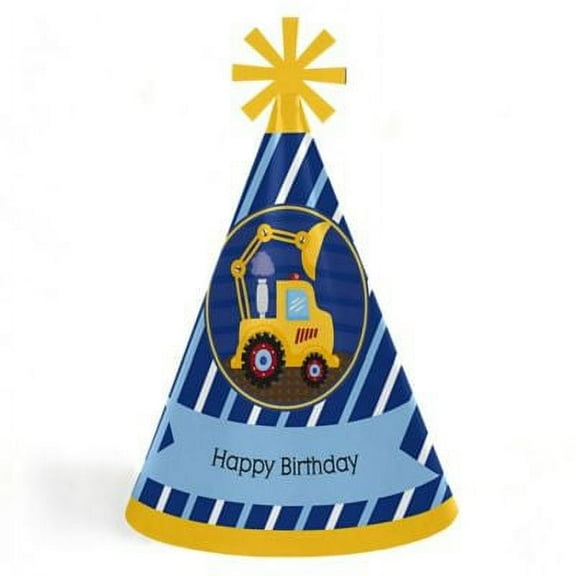 Big Dot of Happiness Construction Truck - Cone Happy Birthday Party Hats for Kids and Adults - Set of 8 (Standard Size)