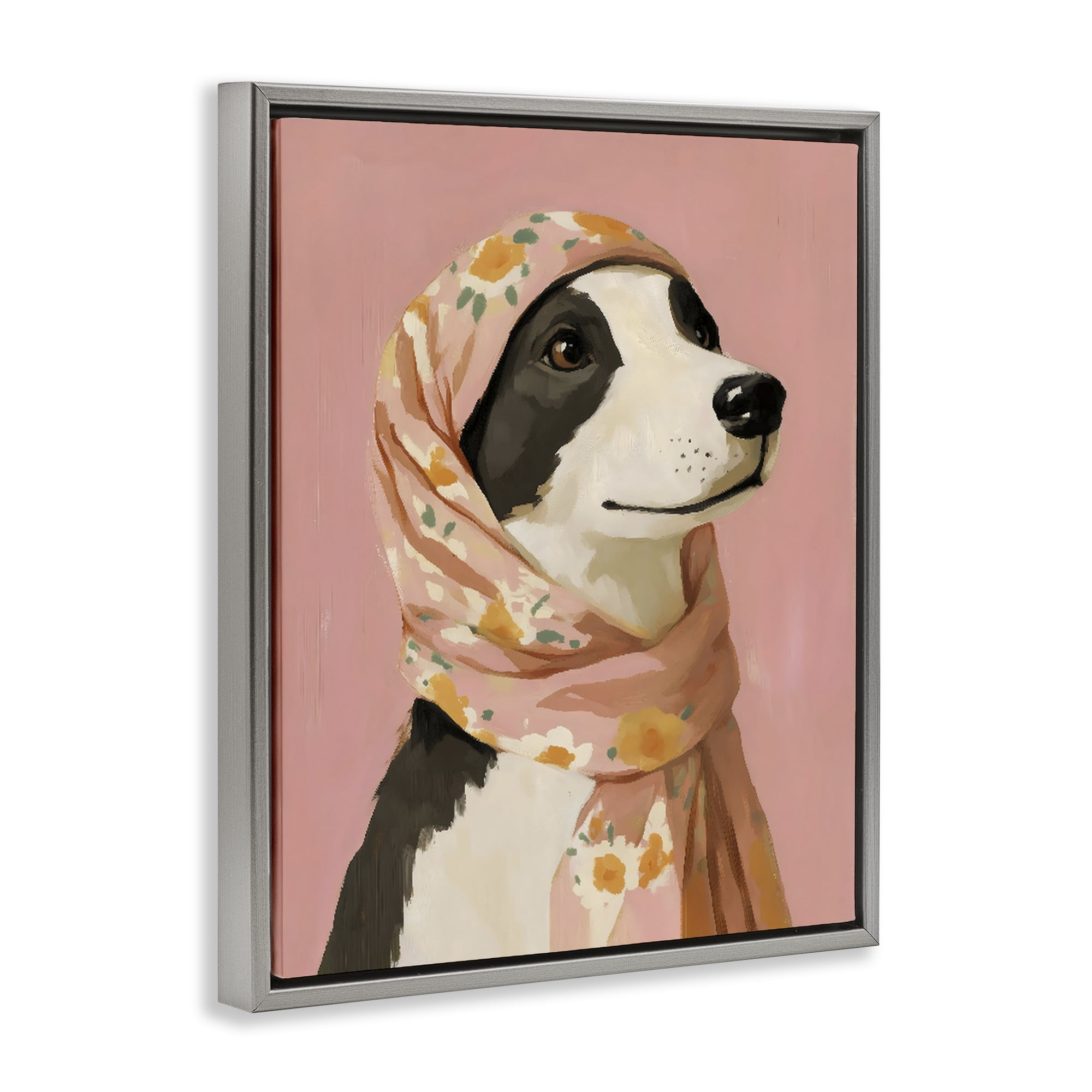 Stupell Industries Dog Babushka in Floral Scarf Gray Framed Floater Canvas Wall Art, design by The Prints Vibe