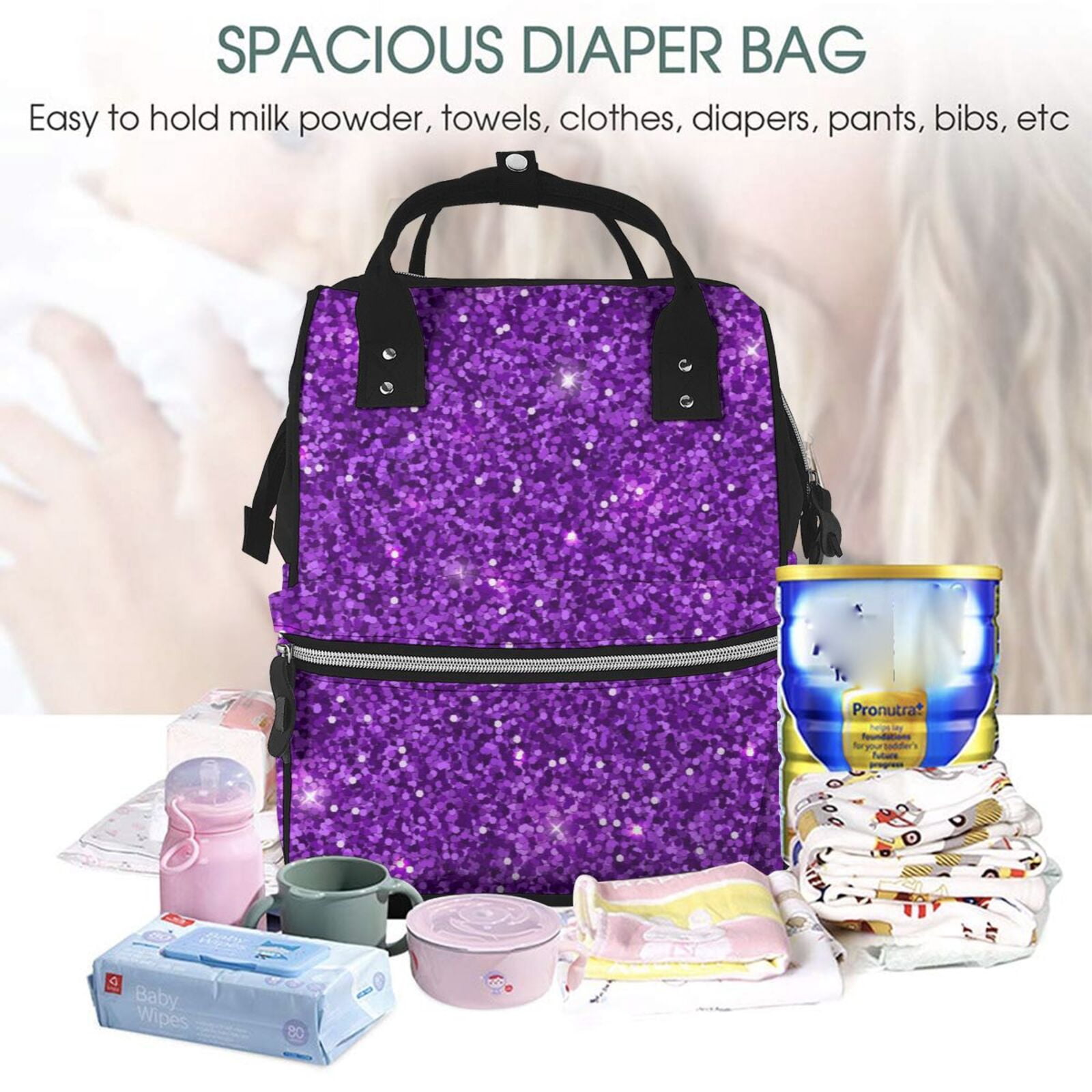 Ratiio Purple Glitter Mummy Backpack - Waterproof Twill Canvas, Large Capacity Diaper Bag with Multiple Pockets and Adjustable Straps