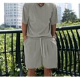thumbnail image 2 of Men's 2 Pieces Shorts Set Ribbed Knit Crew Neck Short Sleeve Shirt Drawstring Waistband Shorts Set, 2 of 7