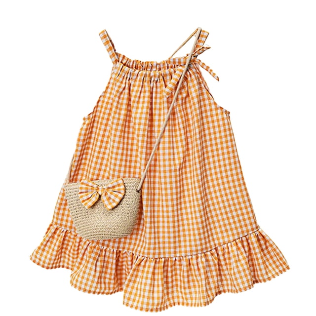Wxirdiow Robe Fille Robe Fille Confortable et Respirante Robe d'Été Robe à la Mode et Décontractée avec Sac Orange Taille, 3-4 Ans