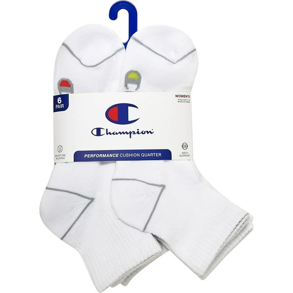 CHAMPION SOCKS WOMEN'S - QUARTER CUT - 253 WHITE MULTI - SHOE SZ 5-9 PACK 6