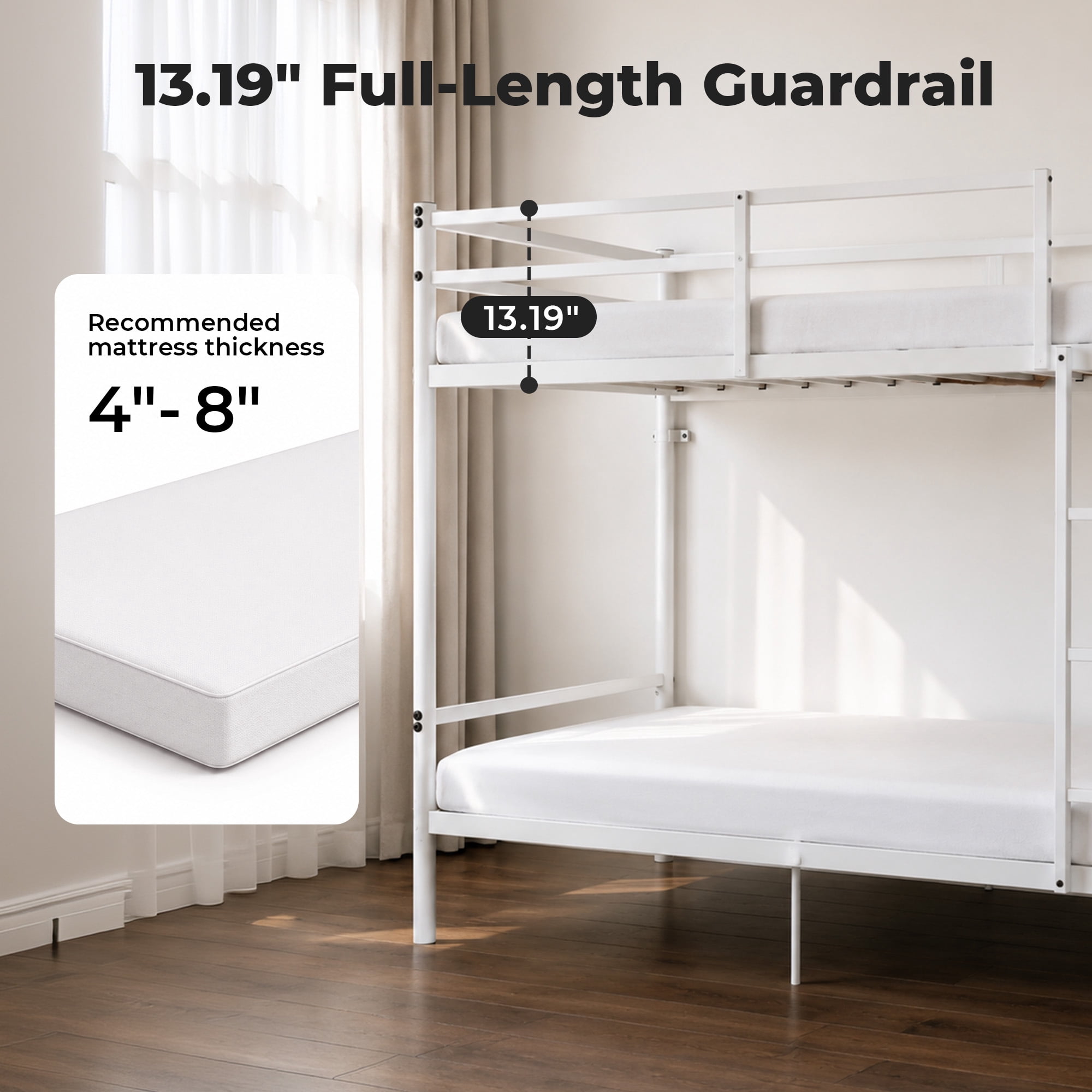 Alvantor Bunk Bed Twin over Twin, Metal Bunk Bed for Kids with Ladder and Anti-tip Bracket White