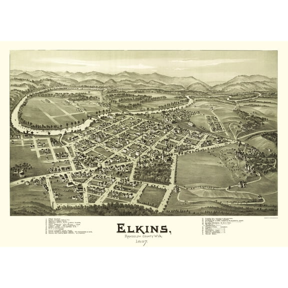 Historic Panoramic View - Elkins West Virginia - Fowler 1897 - 23 x 32.08 - Vintage Wall Art