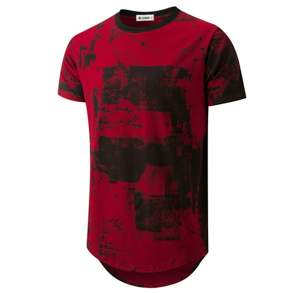 KLIEGOU Mens Hipster Hip Hop Ripped Round Hemline Pattern Print T Shirt(Red XXL)