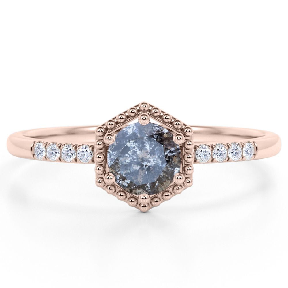 JeenMata Hexagon .65 Carat Round Cut Natural Salt and Pepper Diamond Pave Accent Minimalist Engagement Ring in 18K Rose Gold over Silver